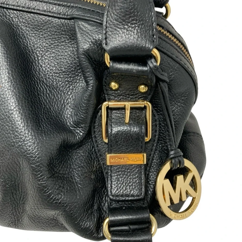 Michael Kors Satchel Black Pebbled Leather Gold Hardware Handbag Medium Boho